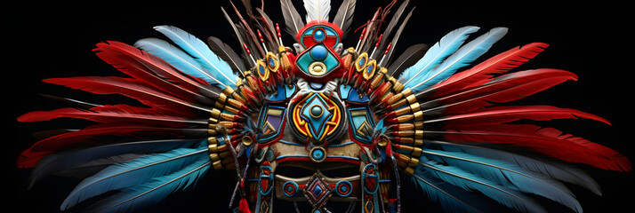 Obraz premium Colorful Cultural Tribal Headdress with Feathers, Beads, and Elaborative Metallic Details