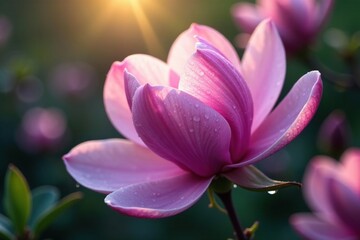 Soft violet petals unfolding rose magnolia flowers in the morning dew, magnolia, garden, purple