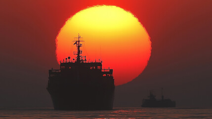 Fototapeta premium 夕暮れの海に沈む大きな太陽とシルエットで浮かび上がる大型船舶をリアルに描いたAI生成画像