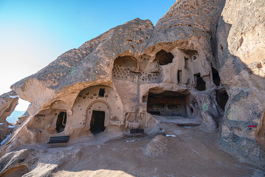 The scenic views of Selime Castle which is the largest and most elaborate cave complex in Cappadocia. The multi-level Byzantine settlement includes a kitchen, halls, church, and rooms in G&uuml;zelyurt