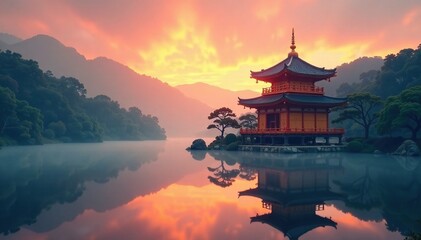 Naklejka premium Golden pavilion at dawn with misty atmosphere, dawn, atmosphere, serene