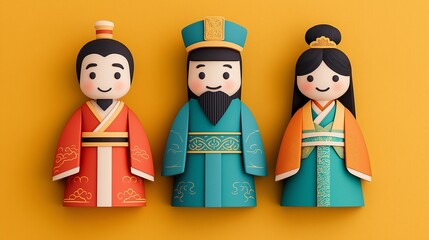 Naklejka premium Colorful traditional figures representing historical characters in vibrant attire. Perfect for showcasing cultural heritage and artistic craftsmanship in design projects.