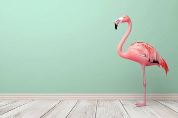 A vibrant pink flamingo stands gracefully against a mint green wall, showcasing a whimsical and playful interior design element.