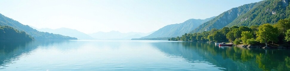 Fototapeta premium White rectangle on the right side of a serene lake, calming, peaceful, lake