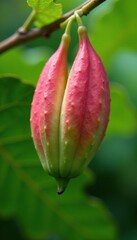 Delicate pink petals unfurl on papaya tree branches, greenery, bloom