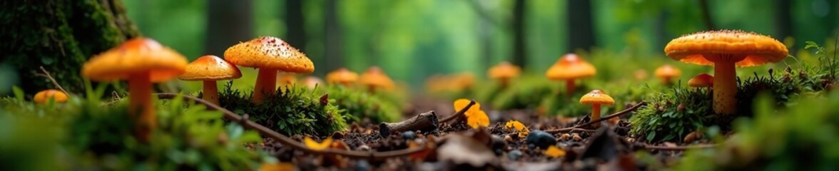 Obraz premium Lush forest floor carpeted with bright orange mushrooms, earthy tones, decay