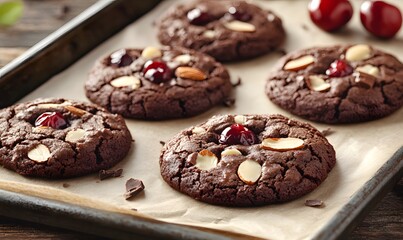 Fototapeta premium Rich dark chocolate cookies doped with almonds and cherries, Generative AI 