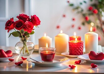 Romantic Valentine's Day Table Setting with Candles - Elegant White Background Stock Photo