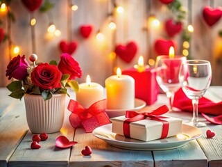 Romantic Valentine's Day Table Setting with Gift & Candles - Tilt-Shift Photo