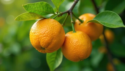 Oranges ripening on the branch of a citrus tree, branch, leaves