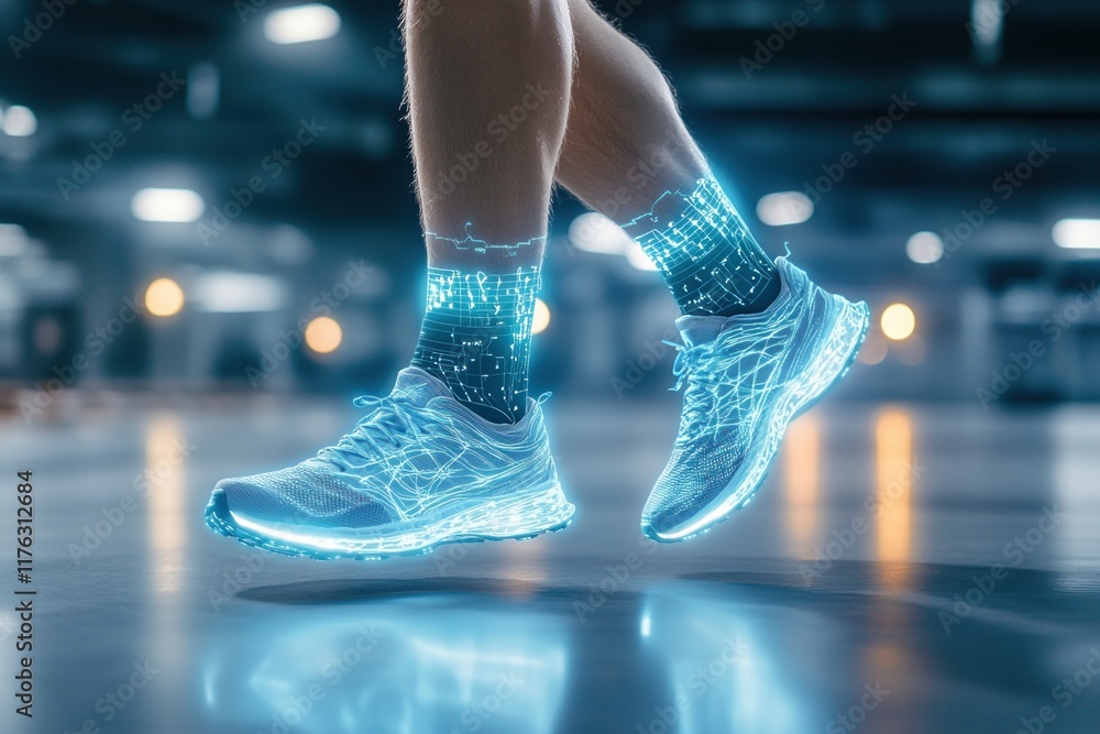 Poster running into the future: a close-up of glowing, futuristic running shoes in motion, capturing the es