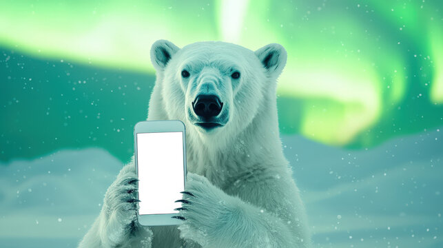 A large polar bear holds a cell phone with a white screen against the background of the northern lights. Phone mockup. The holiday is International Polar Bear Day. Mobile App