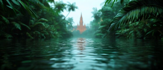 Obraz premium A serene jungle scene with a reflective river leading to a distant temple, surrounded by lush greenery and mist.