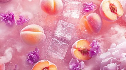 A vibrant arrangement of peaches, ice, and flowers on a pink backdrop.