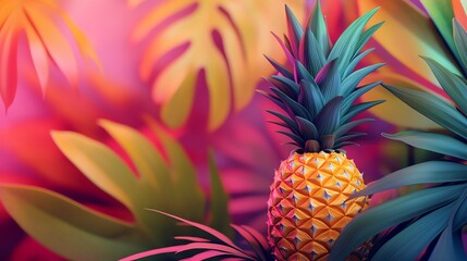 A vibrant pineapple surrounded by colorful tropical leaves, creating a lively and exotic atmosphere.