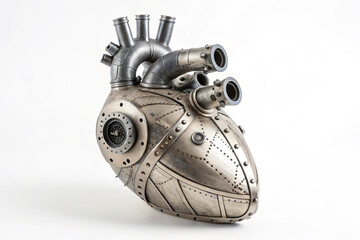 Anatomicaly correct human heart, made from metal plates and pipes, perfectly placed, on white background--generated using ai