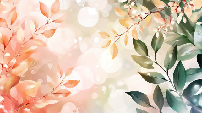 Soft pastel leaves in pink and green tones create serene garden retreat with dreamy bokeh background, blending natural elements with calming gradient effect