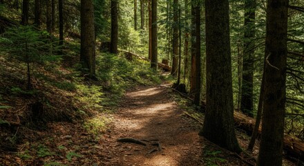 Fototapeta premium Serene forest trail winding through tall trees and lush foliage
