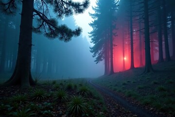 Fog casts an otherworldly glow on the forest floor, glowing mist, , pine
