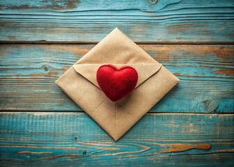Rustic Blue Wood Background with Red Fabric Heart on Vintage Envelope - Double Exposure Stock Photo
