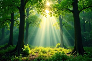 Obraz premium Forest canopy with sunlight filtering through, shade, leaves