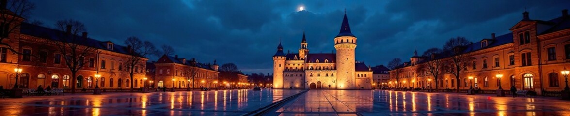 Fototapeta premium Pamplona Castle Square shines with Christmas lights, illuminated, castle