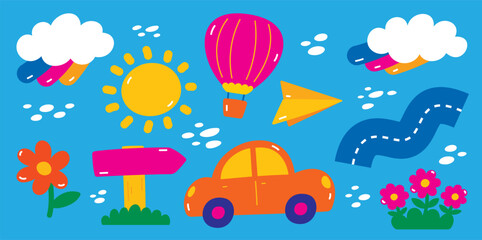 cute fun vibrant colorful hand drawn flat style graphic element vector set in journey concept