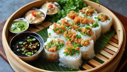 Delicious Banh Cuon Combo with Steamed Rice, Fresh Herbs and Dipping Sauces on Wooden Tray