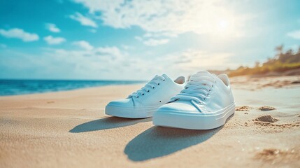 Obraz premium White sneakers on sandy beach, sunny day.