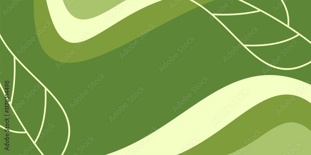 Poster earth day background green color abstract shapes, waves and leaves pattern with free space for text.