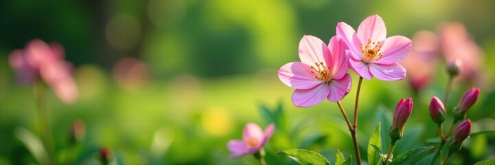 Delicate pink flowers blooming in a lush green garden, flowers, spring, plant