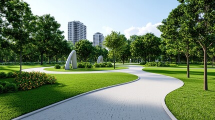 Lush urban park with curving walkway and modern skyscrapers in the background