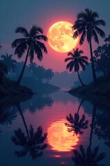 Obraz premium Palmetto trees reflect in calm river during lunar glow, calm, river, reflective