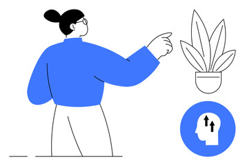 Person gesturing towards a plant and an upward arrow in a head icon. Ideal for growth, personal development, motivation, success, progress, self-improvement, education. Blue and white abstract line