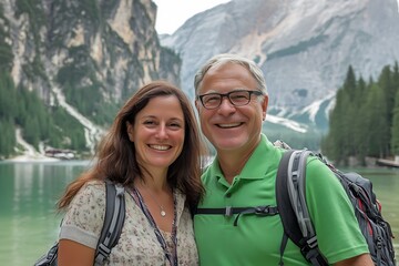 Happy tourists smiling and posing for a photo at lake braies with the dolomites in the background