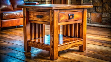 Rustic Mission Style End Table with Polished Wood Finish -  Documentary Photography