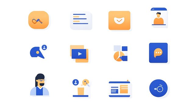 A minimalist flat layout showcasing communication and collaboration icons with clean lines on a bright white backdrop. 
