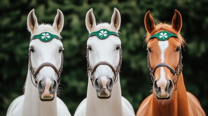 Three beautiful horses, two white and one chestnut, with matching green accessories. They stand close together, showcasing their elegant features and bright, alert expressions.