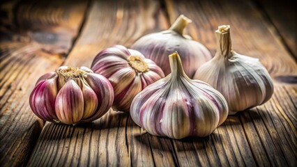 Rustic Still Life: Four Garlic Cloves on Wooden Table