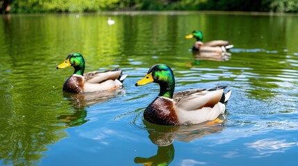 Obraz premium Pair of Mallard Ducks Swimming in a Serene Lake with Lush Green Surroundings