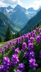 Obraz premium Dense purple flowers blooming on a mountain slope, botany, dense, purple