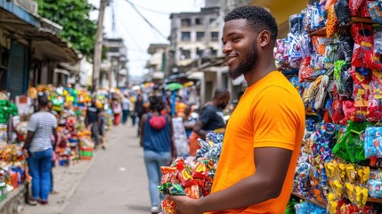 Obraz premium Vibrant City Marketplace with Colorful Textile Vendor Stalls and Bustling Crowd