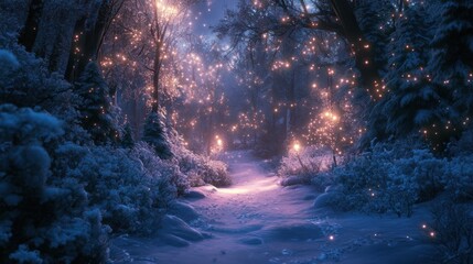 Fototapeta premium Enchanting Winter Wonderland: Ethereal Forest Glowing with Soft Light and Pristine Snow Blanket