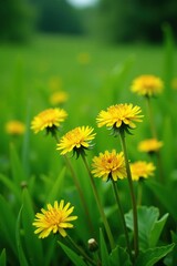 Yellow dandelion blooms amidst lush green grass, nature, broome county, wildflowers