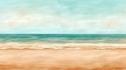 Fototapeta premium serene beach scene with soft turquoise ocean waves blending into sandy shore under light blue sky, evoking calm and relaxation