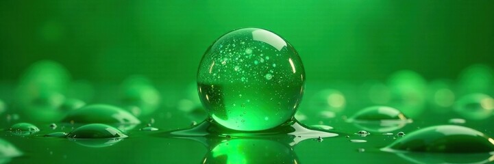 Shimmering green liquid fills a mirrored sphere, optical, chrome