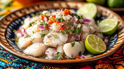 Fresh ceviche with lime, onion, cilantro.