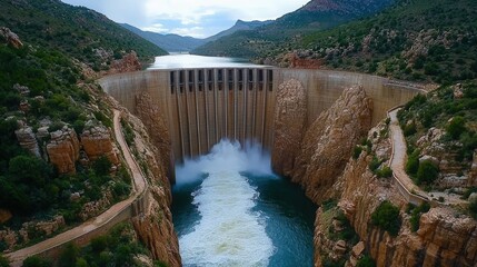 Majestic Hydroelectric Dam Nestled in Dramatic Mountain Landscape with Cascading Turquoise River