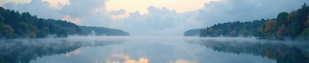 Obraz premium Morning mist rises from a serene lake with towering clouds above, stillness, morning mist, cloud