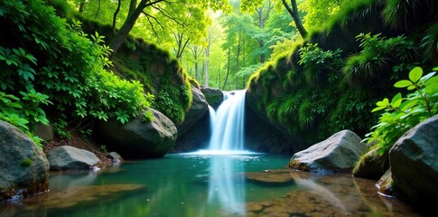 Lush greenery surrounds tranquil waterfall amidst boulders, natural scenery, waterfall